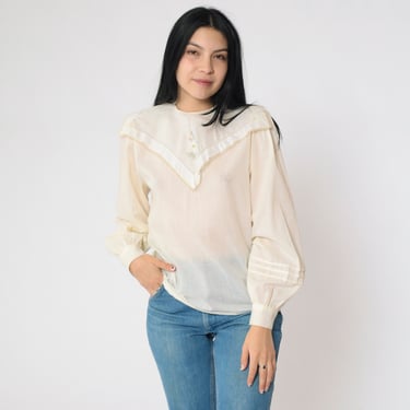 70s Cream Blouse Floral Embroidered Victorian Style Long Puff Sleeve Shirt Bohemian Semi-Sheer Vintage 1970s Boho Peasant Top Medium 