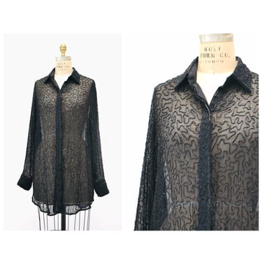 90s Vintage Black Silk Chiffon Beaded Shirt Button Down Black Sheer Silk Top Size Small Medium Neiman Marcus Sheer Black Long Sleeve Shirt 
