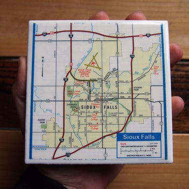 1977 Sioux Falls South Dakota Map Coaster. Sioux Falls Map. Vintage Dakotas Décor. City Map. Augustana College. South Dakota Coasters. 