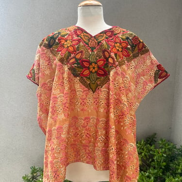 Vintage Guatemalan huipil top eyelet orange + floral embroidery OS 