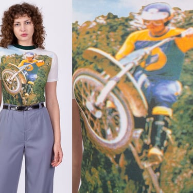 70s Dirt Biker Photo Print Tee - Extra Small | Vintage Novelty Graphic Photoprint Ringer T Shirt 