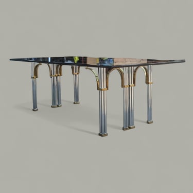 Unique Glass Top Dining Table, Mid Century, Chrome, Brass, Regency, Art Deco, Maison Jansen, MCM, Rectangular, Seats 6 