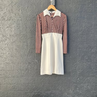 Brown & White 1970s Polka Dot Bodice Dress