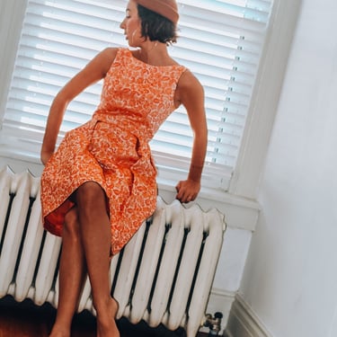 Vintage 60s Silk Brocade Wiggle Dress in Orange and Marigold with Floral Novelty Print; 1950s Tapestry Cocktail Dress Rockabilly Wedding S 