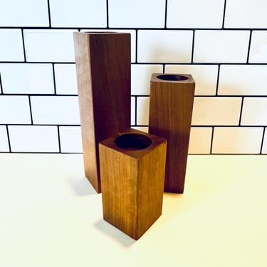 Set of Three Vintage Solid Wood Square Various Size Candle Holders, Tea Light Candlestick Holders, MCM, Vintage Mid Century Walnut 