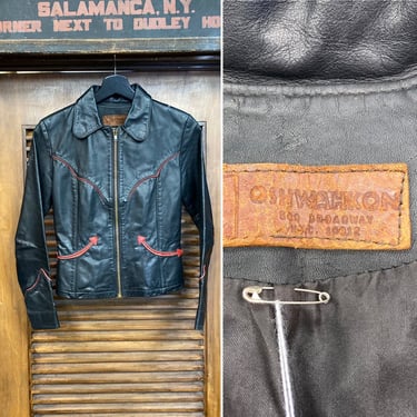 Vintage 1970’s Size XS “Oshwahkon” Black x Red Mod Glam Leather Jacket, 70’s Vintage Clothing 