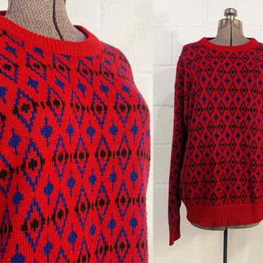 Vintage Fair Isle Red Sweater Long Sleeve Crew Neck Strawbridge & Clothier Jumper Geometric Geo Unisex 1980s 1990s Large XL XXL 