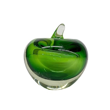 Vintage Paperweight Retro 1990s Contemporary + Apple + Green + Glass + Weighted + Display Fruit + Home Decor + Desk or Office + Organization 