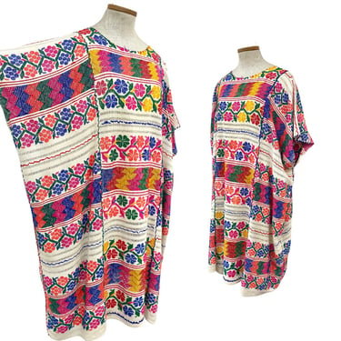 Vtg Vintage Ethnic South American Woven Bright Floral Colorful Boxy Huipil Dress 