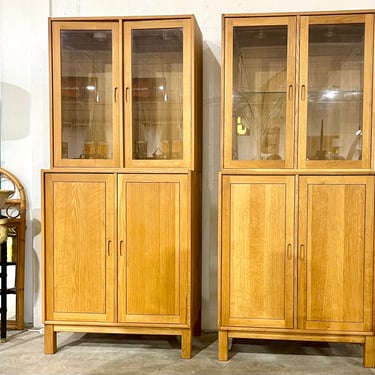 Vintage 1970s White Oak 2 Piece Micro China Cabinet Made In Germany 