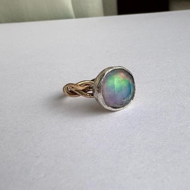 Aurora Opal Cocktail ring in sterling silver with 14k gold filled twisted band 
