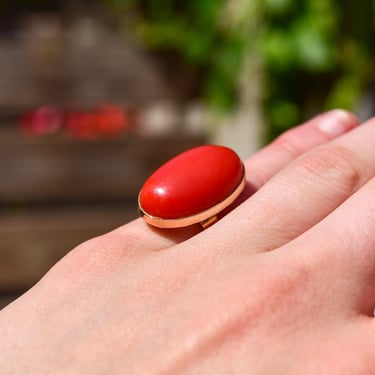 Mid-Century 14K Coral Cabochon Cocktail Ring In Yellow Gold, Estate Jewelry, Size 6 US 