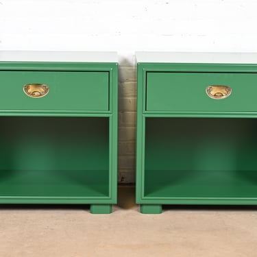 Drexel Mid-Century Hollywood Regency Campaign Green Lacquered Nightstands, Newly Refinished