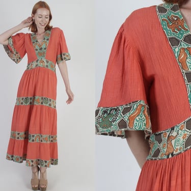 Kimono Bell Sleeve Gauze Dress, India Pakistan Style Maxi Gown, Long Colorblock Patchwork Tiered Full Skirt, Side Zip Closure 