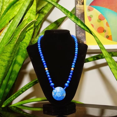 Vintage Lapis Lazuli Bead Pendant Necklace, 8mm Cobalt Blue Beads, Gold Bead Accents, Bevel Stone Pendant, Filigree Box Clasp, 20&quot; Long 