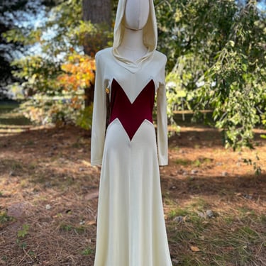 Rare 1970s Young Edwardian Hooded Maxi Dress Two Tone Ivory and Merlot 36 Bust 