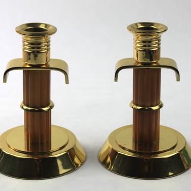 Art Deco Marbled Orange Yellow Bakelite and Brass Candlestick Candle Holder Set 