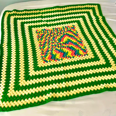 Groovy 70s Neon Blanket Throw, Chunky Knit, Crazy Crochet, Op Art 