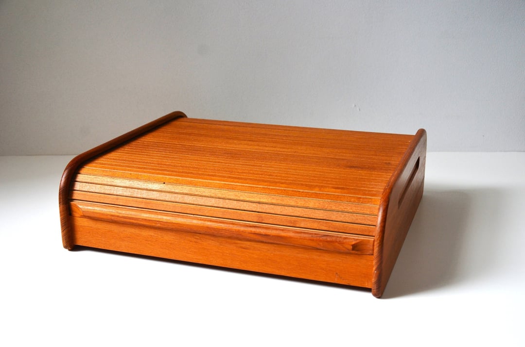 Vintage Danish Modern Teak Tambour Roll Top Desk Organizer Box