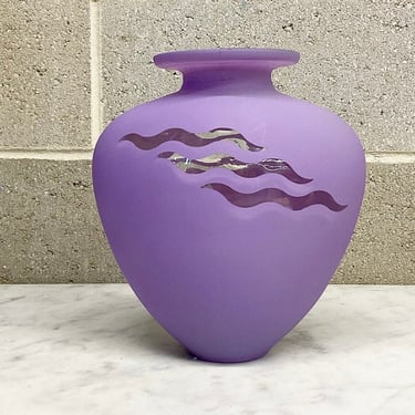 Vintage Vase Retro 1980s Post Modern + Contemporary + Purple + Frosted Glass + Clear Wavy Design + Modern Home Decor + Flower Display 