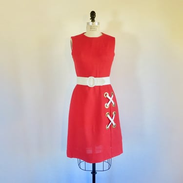 1960's 70's Bright Red Sheath Day Dress Mod Style Sleevless  Wide Belt and Cross Hatch Trim 60's Spring Summer PatSandler 29