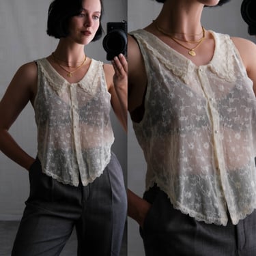 Only Hearts NYC by Helena Stuart Cream Floral Mesh Lace Button Up Cropped Vest Blouse w/ Pearl Buttons | Made in USA | Designer Romantic Top 