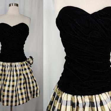 Vintage 90s XS Black Velvet Strapless Gold Plaid Short Prom Formal Dress - Nineties Nightway Ruched Bodice Mini Poufy Prom Dress XS 