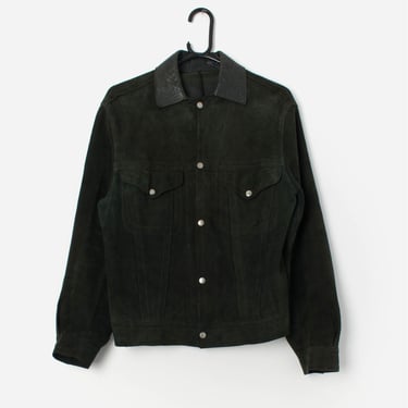 Mens 70s vintage suede trucker jacket in forest green - Small 