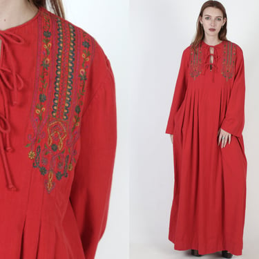 Treacy Lowe Of London Maxi Dress, 70s Heavily Embroidered India Dress, Heavyweight Ethnic Caftan With Pockets - Large 