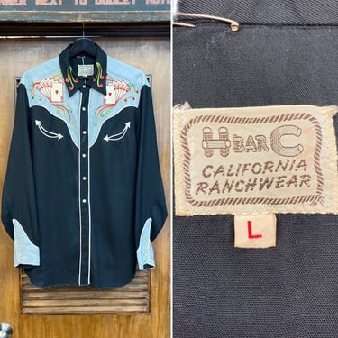 Vintage 1950’s “H Bar C”  Western Cowboy Royal Flush Playing Cards Rayon Gabardine Rockabilly Shirt, 50’s Snap Button, Vintage Clothing 