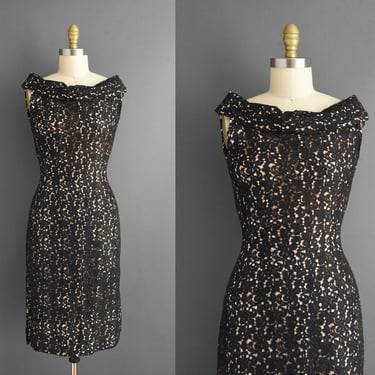 vintage 1950s Black & Nude Cotton Lace Cocktail Party Wiggle Dress l Small 