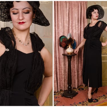 1940s Dress - Bewitching Vintage 40s Black Rayon Crepe Evening Gown with Lace Drape Attachment 