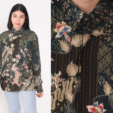 Floral Peacock Shirt 80s Button up Top Long Sleeve Collared Blouse Abstract Flower Bird Blouse Statement Retro Vintage 1980s Wahu Medium M 