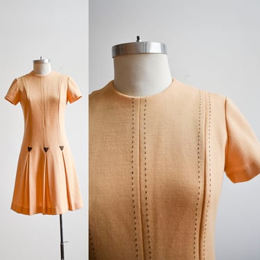 1960s Brown Mod Knit Dress with Arrow Pleats 