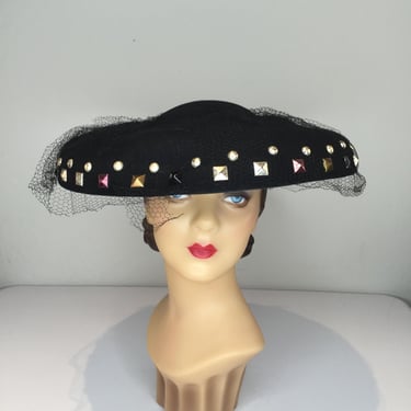 Hollywood Luncheons - Vintage WW2 1940s Black Felt Wide Brim w/Metallic Rainbow Grommets 