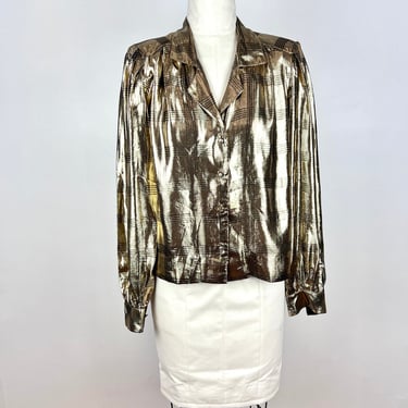 Vintage 80s Gold Blouse / Vintage 1980s Gold Black Metallic Plaid Shirt / V Neck Full Sleeves / Glam Evening Cocktail Disco Small Medium VLV 