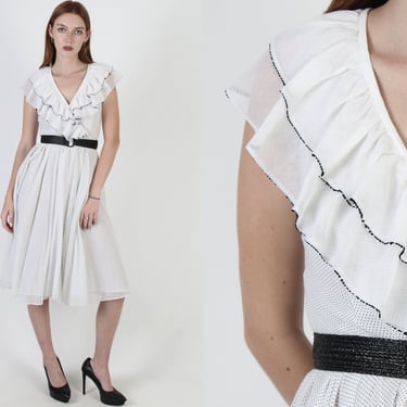 Parisian Picnic Dress / Thin White Tiny Polka Dot Dress / Deep V Ruffle Wrap Dress / Knee Length Full Skirt / Simple Bohemian Prairie Mini 