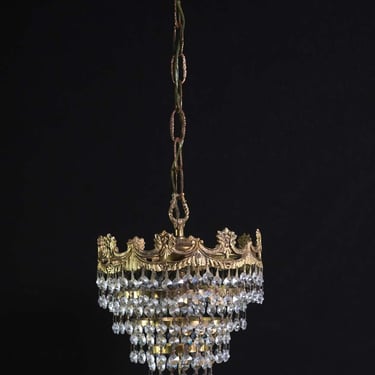 1960s Petite Ornate Brass & Crystal Chandelier