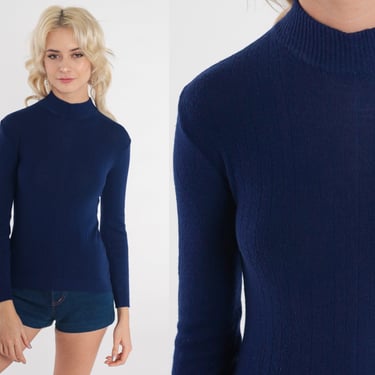 Navy Blue Sweater 70s Knit Sweater Lightweight Tight Mock Neck Sweater Raglan Sleeve Pullover Jumper Plain 1970s Vintage Extra Small xs 