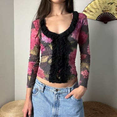 90s vintage rose pink lace frilly ruffle trim v neck fitted long sleeve top blouse by secrets 