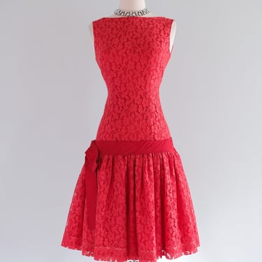 Vintage 1950's ???? Red Lace Party Dress by Ro-Nel / S