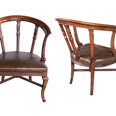 Pair of Antique Italian Open Barrel-back Armchairs with Leather Seats