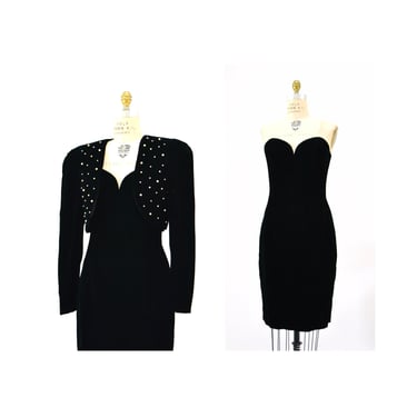 80s 90s Vintage Black Strapless Velvet Dress and Cropped Velvet Jacket Bolero with Pearls Medium Large black Party Cocktail dress Dress 