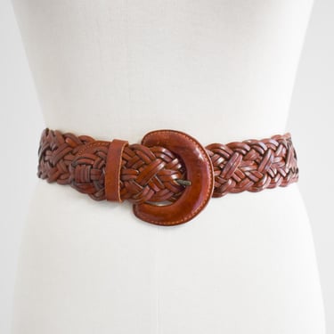 1990s Wide Brown Leather Braided Belt 