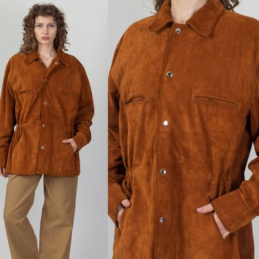 Vintage Soft Burnt Orange Suede Jacket Men's Large, Women's XL | 80s Boho Snap Button Up Leather Western Coat 