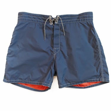 vintage board shorts / surf shorts / 1970s Birdwell Beach Britches navy orange liner nylon surf shorts 32 