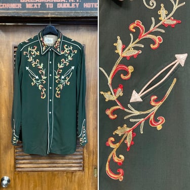 Vintage 1950’s “California Ranchwear” Cowboy Western Forest Green Rayon Gabardine Rockabilly Shirt, 1950’s Shirt 