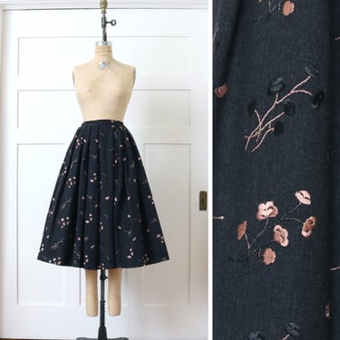 vintage 1950s winter full skirt • charcoal gray wool with pink floral embroidery • Miss Sun Valley by Morris Watkin 