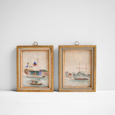 Vintage Miniature Chinese Watercolor Trade Boat Paintings on Pith Paper 