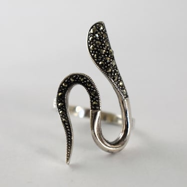 80's sterling marcasite size 6 abstract cobra ring, goth 925 silver pyrite snake rocker ring 